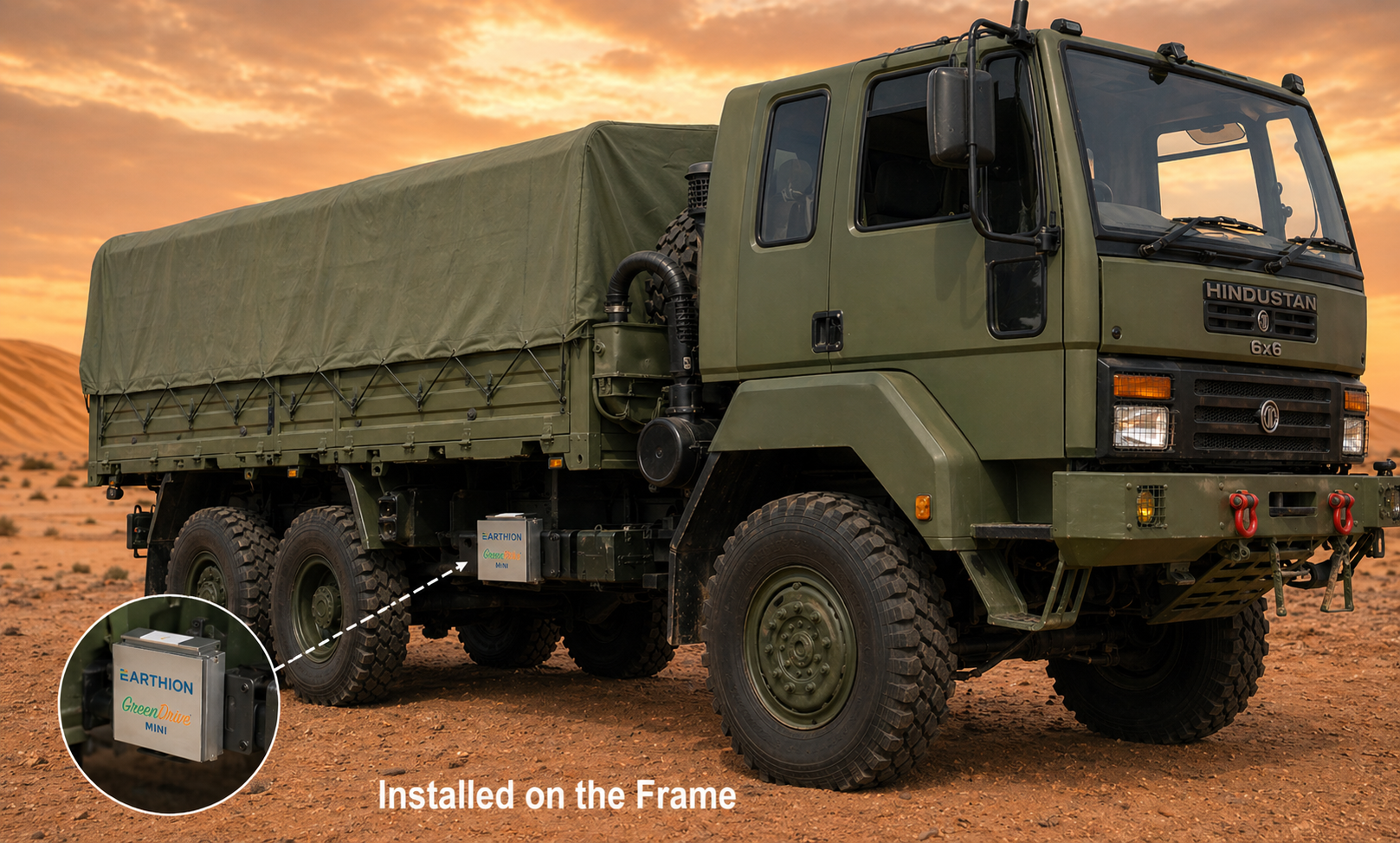 Earthion GreenDrive on Hindustan 6x6 — desert deployment